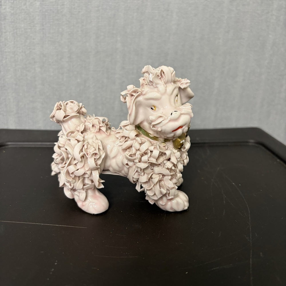 Vintage Spaghetti Pink Poodle Ceramic Figurine Gold Bow Mid Century MCM 60s